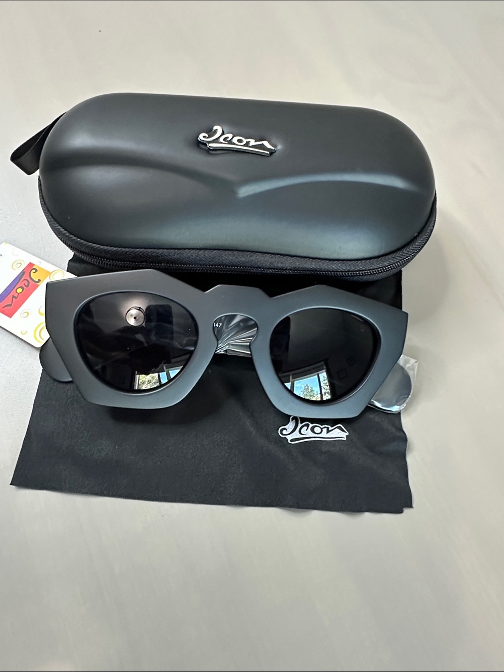 ICON Matte Black Geometric Cat-Eye Sunglasses with Logo Case